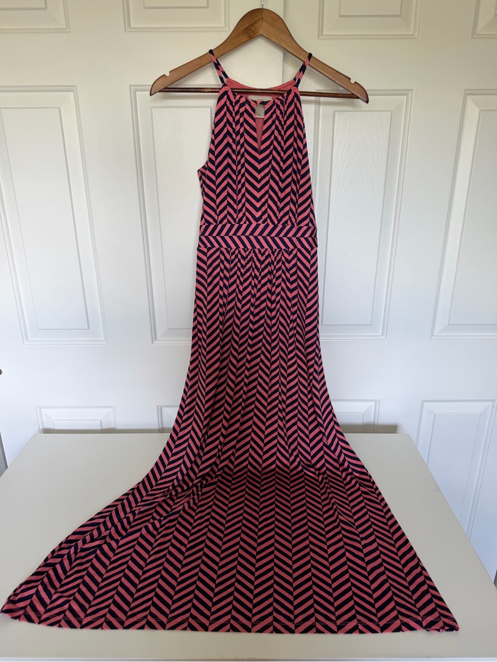Ann Taylor Loft Petites Peach And Navy Halter Maxi Dress Women’s Size XSP‎